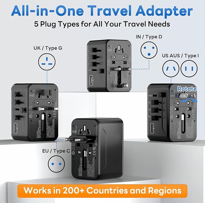 Universal Travel Adapter - 45W International Power Adapter with PD Fast Charging, All-in-One Travel Essentials Plug Adapter for USA to European UK AUS India, Type C/G/D/I/A
