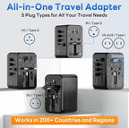 Universal Travel Adapter - 45W International Power Adapter with PD Fast Charging, All-in-One Travel Essentials Plug Adapter for USA to European UK AUS India, Type C/G/D/I/A