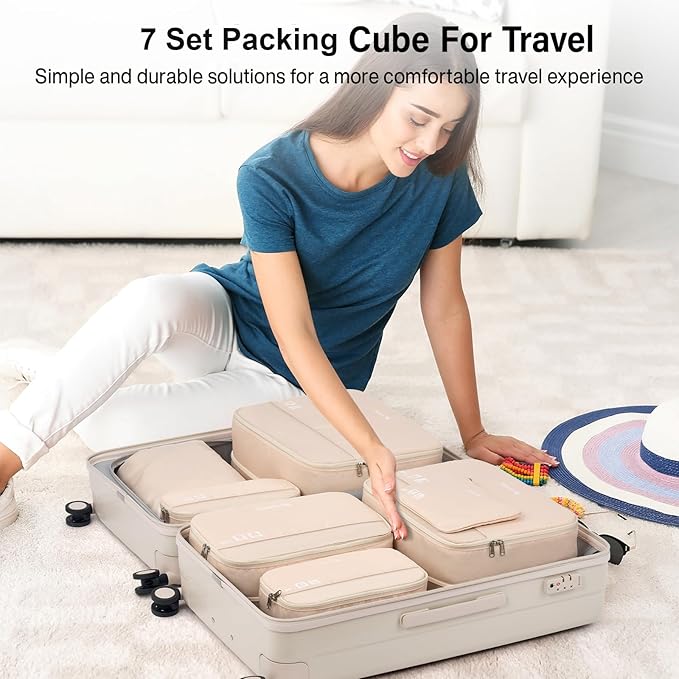 Compression Packing Cubes (Pack of 7), Expandable Luggage Organizer Bags, Hanke Packing Cubes for Travel, Double Zipper Durable Travel Packing Organizers for Suitcase Backpack and Carry-On