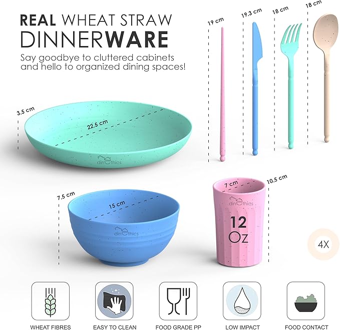 WheatStraw Dinnerware Sets for 4 - Alternate To Plastic Dishes - Dishwasher Safe Microwave Plates - Unbreakable Dinnerware Set - Wheat Straw Dishes - Lightweight Camping Plates & RV Dishes