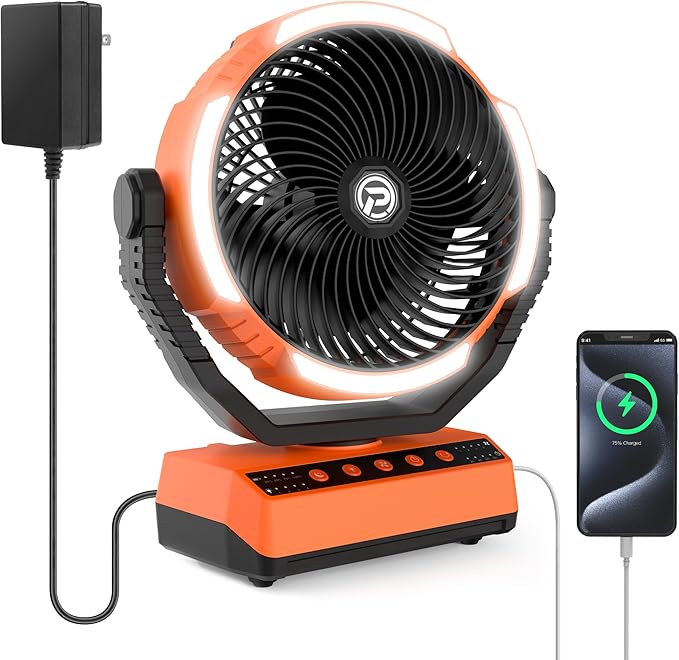 PANERGY Camping Fan with Light - 20000mAh Rechargeable Battery Fan with Charger, 70Hrs Cooling Time, 4 Speeds, 110° Auto Oscillation & 270° Pivot Design with Hook for Camping/Power Outage/Hurricane