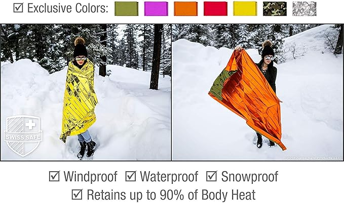 Swiss Safe 4 Pack Mylar Emergency Blankets for Survival - Compact & Insulated for Cold Weather - Designed for NASA, Outdoor, Running, Camping, Survival, First Aid Car Kit - Orange & Green, 4 Pack