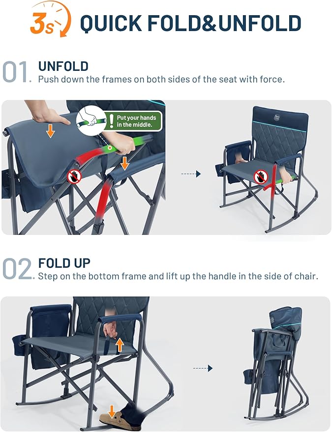 TIMBER RIDGE Folding Oversized Rocking Camping Chair, 400lbs Capacity Portable Outdoor Rocker with Hard Armrests, Cup Holder & Side Pocket, Quick-Fold Design for Outdoor, Patio, Lawn, Blue