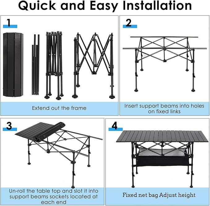 LEADALLWAY Adjustable Height Aluminum Camping Table Folding Portable Outdoor Table with Large Storage Organizer and Carrying Bags Big Foot Upgrade Collapsible Picnic Table 47(L) x22(W)