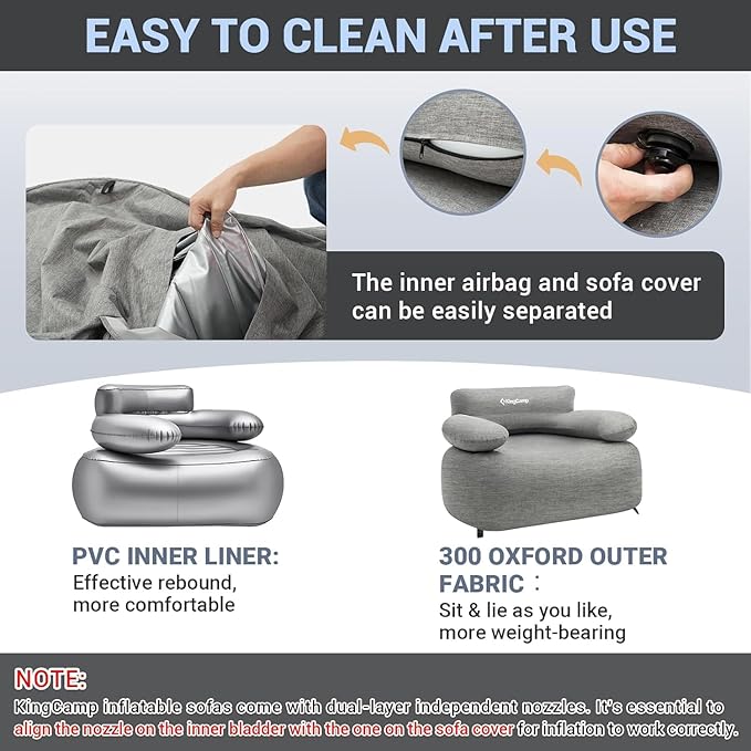 KingCamp Inflatable Couch for Camping, Portable Foldable Eco-Friendly Reach-Certified PVC Liner Air Lounger Blow Up Sofa with Foot Pump, Pegs, Repair Kit & Removable Cover