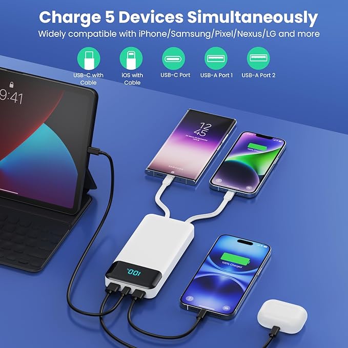 Portable Charger 40800mAh with 3 Built-in Cables,PD 25W USB C in&Out Power Bank Fast Phone Charging,QC4.0 LED Display 5 Outputs External Battery Pack Compatible with iPhone 16/15,Samsung Android-White
