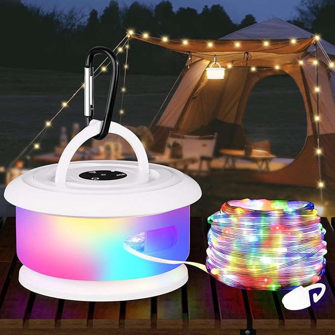 Camping String Lights, Retractable 32.8ft RGB Flash Lamp, Rechargeable Fairy LED Rope Lights Outdoor Waterproof, Portable Hanging Lantern for Outside Tent Patio Awning Garden RV Essentials