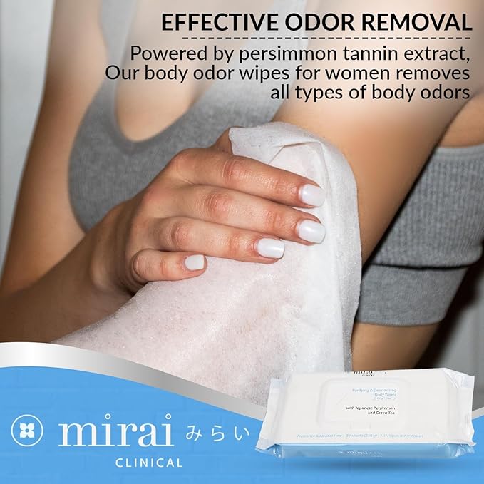 Mirai Clinical's Deodorizing Body Wipes for Women & Men - Cleansing & Refreshing Deodorant Wipes Women & Men Love - Fights Nonenal Body Odor - For Whole Body Usage - Unscented - 3 packs.
