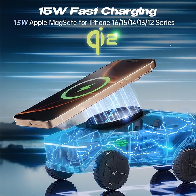 CyberDock 3-in-1 Wireless Charging Station for iPhone with Car Model 1:25 Scale, Qi2 Certified Mag-Safe Charger for iPhone iWatch AirPods, Rotating Charger with Ambient Light, 30W Adapter, Sliver