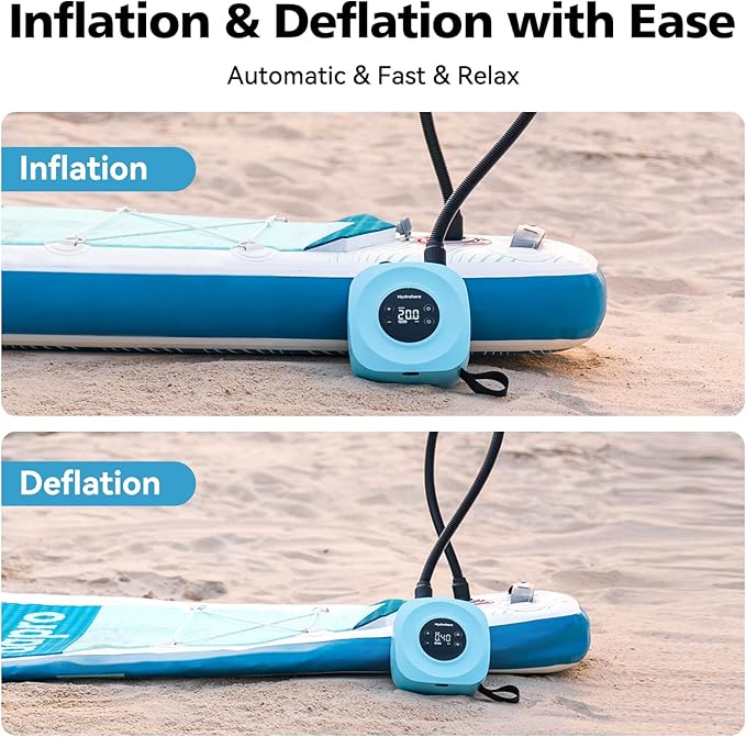 Hydrohero Electric Paddle Board Pump, Rechargeable 20PSI High Pressure SUP Pump, Intelligent Dual Stage Inflation & Deflation, Auto-Off for Stand Up Paddle Boards, Surfing Kite, Tent, Boat
