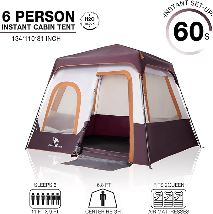Camping Tents 4/6 Person Pop Up Instant Tent - Setup in 60s for Family Camping, Windproof Design, Family Cabin Tent with Rainfly & Backpack Carry Bag