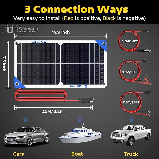 SUNAPEX Solar Battery Charger Maintainer, 10W 12V Portable Waterproof Solar Panel Trickle Charger with Built-in Charge Controller, Cig Plug, Alligator Clips, O-Rings for Car, Truck,Tractor, Boat, etc