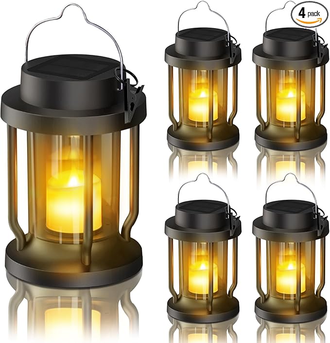 Solar Lantern Outdoor & Indoor Use – Hanging Solar Lights with Realistic Flickering Flameless Candle, Weatherproof for Gardens, Patios, Trees, and Lawns (Black, 4 Pack)