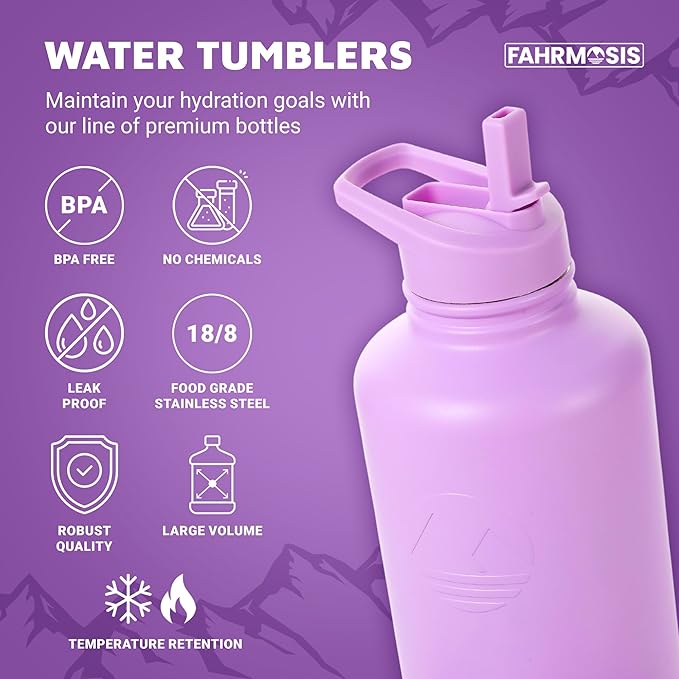 64 Oz Insulated Water Bottle with Strap Stainless Steel Sports Water Bottle with 3 Lids (Straw, Chug and Flip Lid) Leak Proof Metal Half Gallon Jug for Men & Women - Lavender
