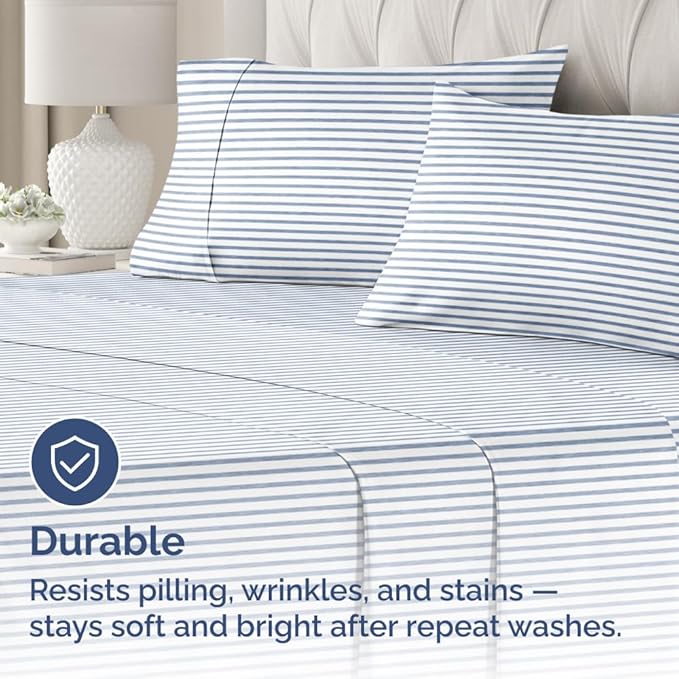 Queen Pillow Cases Set of 2 - Ultra Soft Hotel Quality Pillowcase Covers - Comfy Cozy Bedding for Women, Men, Kids & Teens - Machine Washable Pillow Protectors - 2 Pieces Set - Queen Size Blue Stripes