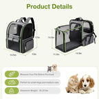 Large Cat Backpack Carrier Expandable Pet Carrier Backpack for Small Dogs Medium Cats Fit Up to 18 Lbs,Dogs Foldable Puppy Backpack Carrier for Travel, Hiking,Grey with Green Edge,L