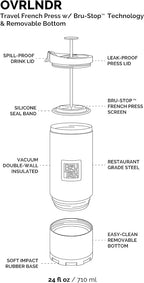 OVRLNDR Travel Coffee French Press, 24 fl.oz Capacity, Double Wall Vacuum Insulated, Easy To Clean Removable Bottom, No Spill Lid, On The Go Coffee Brewing (Obsidian)