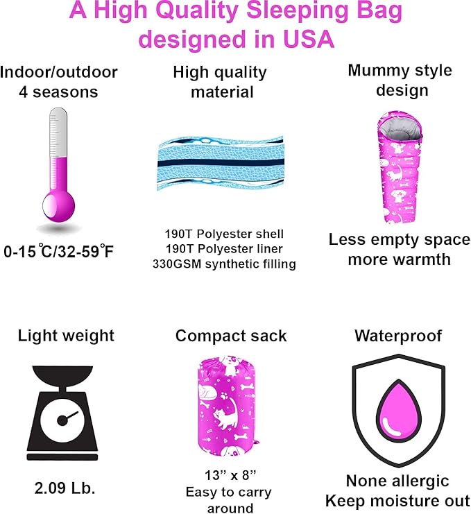 KidzAdventure Mummy Style 32 – 59F Kids Sleeping Bag with Pillow Sleeve, 4 Season, Lightweight and Backpacking Style, Ideal for Camping, Sleepover, Boys, Girls, Youth and Toddlers