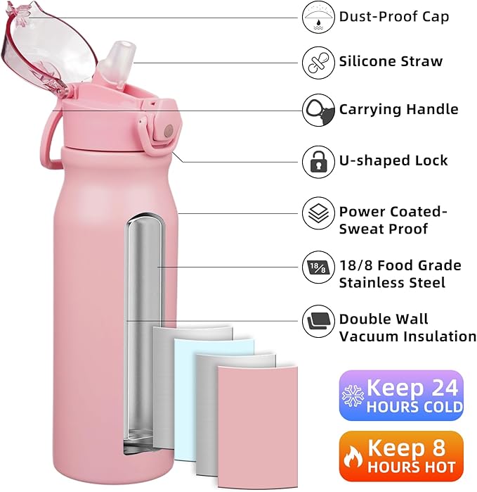 BJPKPK Water Bottle With Straw 25oz Insulated Water Bottles Reusable Stainless Steel Metal Thermo With Leak Proof Lockable Lid And Carry Handle,Light Pink