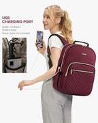 LOVEVOOK Laptop Backpack Purse for Women, Work Business Travel Computer Bags, College Nurse Backpack for Womens, Quilted Casual Daypack with USB Port, Fit 15.6 Inch Laptop, Wine Red