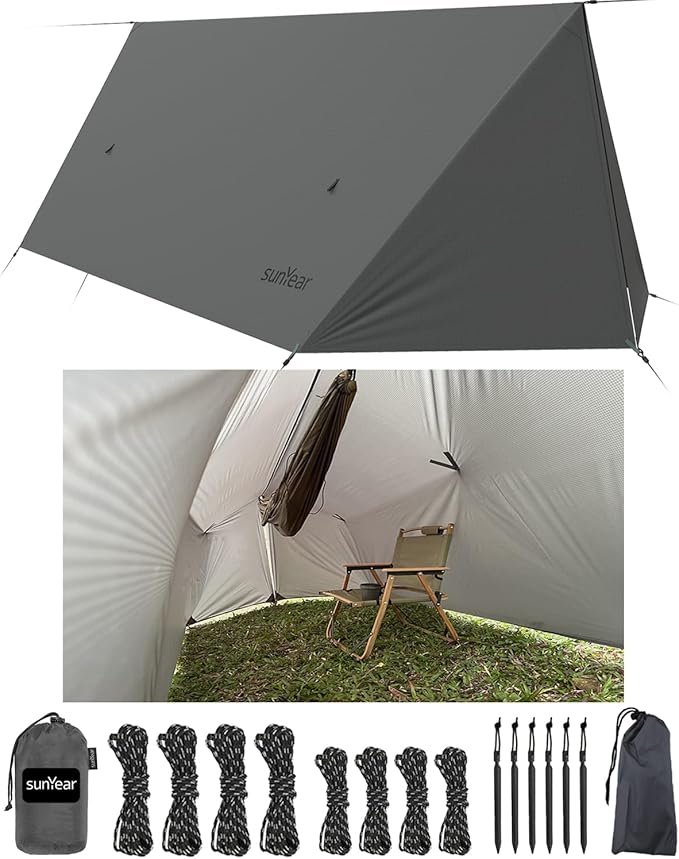 Sunyear Hammock Rain Fly Waterproof - Premium Hammock Tarp with Doors to Stay Warm and Dry in All Seasons | Portable and Lightweight Camp Rain Fly with All Installations Included | 11 Ft / 2lbs