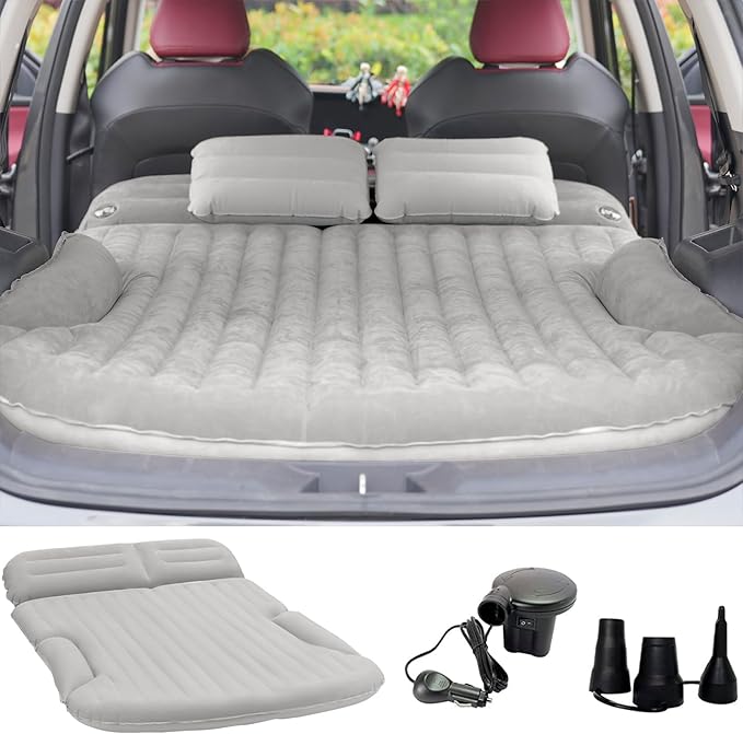 KMZ SUV Air Mattress Thickened and Double-Sided Flocking Travel Camping Bed with 2 Pillows & Electric Pump Dedicated Mobile Cushion Inflatable Bed for SUV Trunk and Rear Seat (Light Gray)