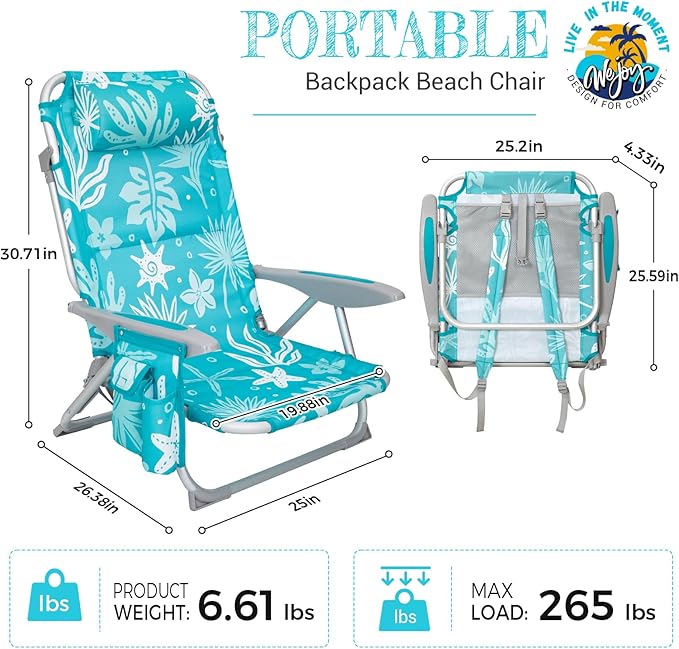 #WEJOY Folding Beach Chair for Adults, 4-Position Aluminum Lightweight Beach Chair, Low Sands Chairs with Shoulder Strap, Cup Holder and Padded Headrest, Supports 265lbs for Lawn