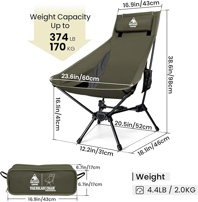 OneTigris Tigerblade High Back Camping Chair with Pillow Design, Comfortable Widened Seat Folding Chair