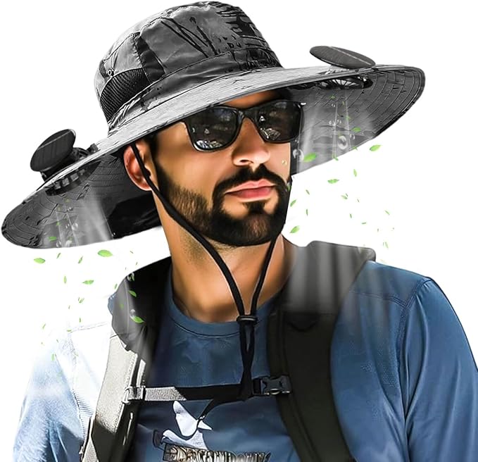Outdoor Wide Brim Sun Hat with 2 Solar Fan for Men Women UPF50+ Outdoor Hiking Sun Protection Bucket Fishing&Cycling Hat