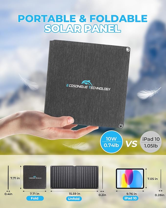 Ecosonique 10W/15W/30W/60W Portable Solar Panel Charger, IP67 Waterproof ETFE USB Solar Phone Charger with Detachable Power Hub, 2025 Latest Version Compatible with iPhone, Power Bank, Smartwatch