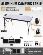 KingCamp Folding Camping Table Foldable, 55.1" x27.6" Aluminum Roll Up Table with Adjustable Height 6-7 Person Large Camp Tables Outdoor with Carrying Bag for BBQ, Patio, Picnic Loads 265 Lbs