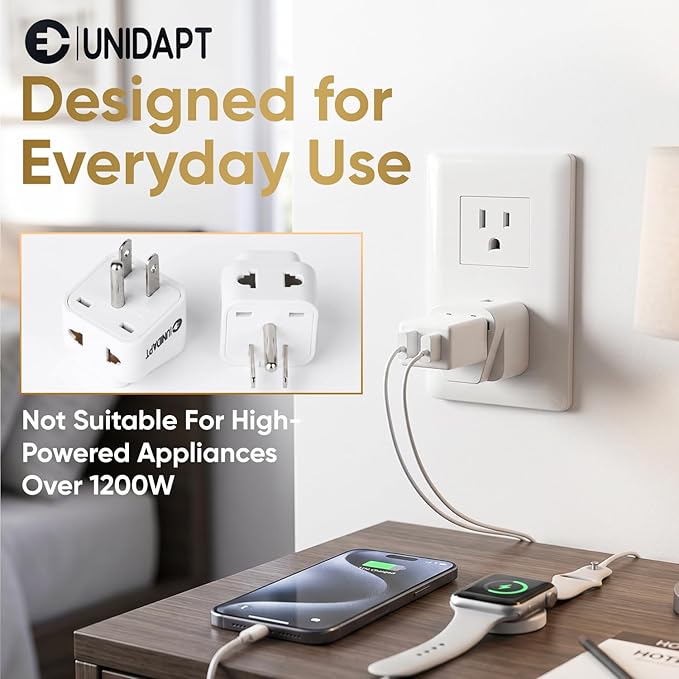 UK to US Travel Adapter, India to US Plug Adapter, Unidapt Adapters for USA, 2-Pack, Plug Converter, USA Travel Adapter, EU to US with Dual Inputs, Universal to American Outlet Plug