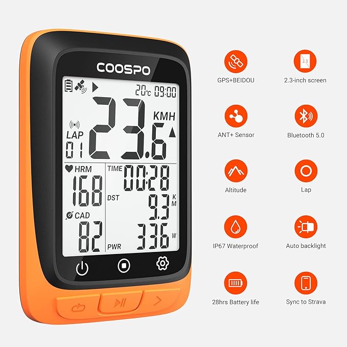 COOSPO Bike Computer Wireless GPS, Cycling Computer GPS Bike Tracker with Bluetooth/ANT+, Waterproof Bicycle Computer GPS Speedometer with Auto Backlight, 2.4 inch LCD Display