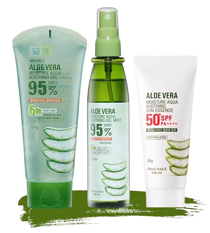 Aloe Vera Skincare Set, Korean Skin Care Kit with Soothing Gel 150g, Facial Mist 110ml & SPF50+ Sunscreen 50g, Hydrating Travel Size Skincare for Face & Body Daily Care