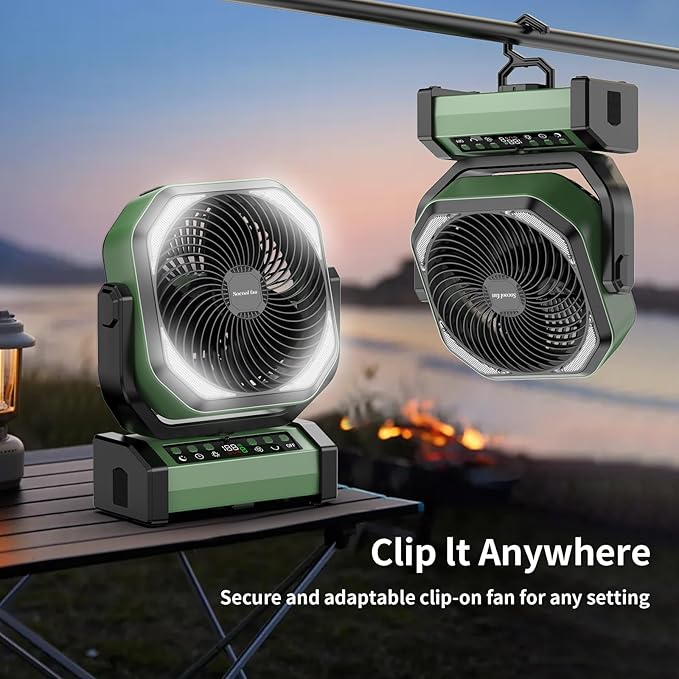 Socool Camping Fan with Light - 20000mAh Rechargeable Battery Fan, 112Hrs Max Run Time, 9 Speeds, Digital Display, Timer, Auto Oscillation, 270° Pivot & Hook for Camping, Power Outage, Hurricane