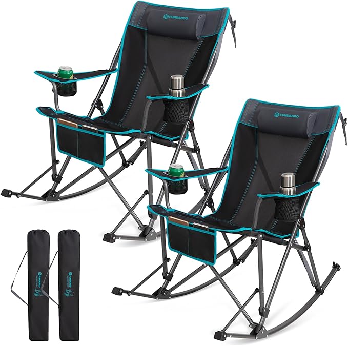 FUNDANGO Rocking Camping Chair, 2 Pack High Mesh Back Portable Folding Camp Chairs with Pillows, Cup Holder and Carry Bag for Lawn Patio Garden Outdoor Supports 300 Lbs (Black/Blue)