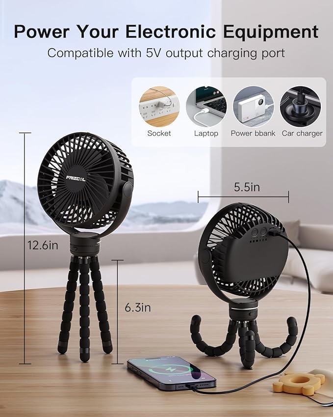 FRIZCOL Portable Stroller Fan, Use As Power Bank, 65H 12000mAh Battery Operated Fan Flexible Tripod Baby Car Seat Fans with Timming, Personal Mini Handheld/Desk/Small Clip On Fans For Stroller
