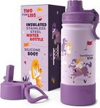 Bentoheaven Kids Water Bottle Stainless Steel for Boys & Girls, 2 Lids (Chug & Straw), Handle & Silicone Boot, Reusable Metal Leak-proof Insulated Tumbler, School & Sports 17oz (Purple)