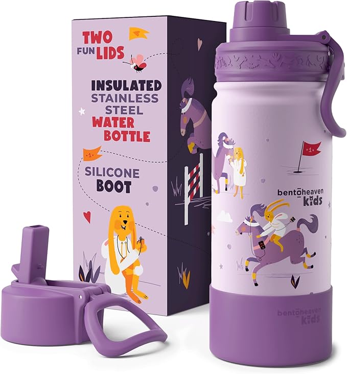 Bentoheaven Kids Water Bottle Stainless Steel for Boys & Girls, 2 Lids (Chug & Straw), Handle & Silicone Boot, Reusable Metal Leak-proof Insulated Tumbler, School & Sports 17oz (Purple)