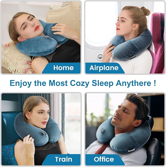 2Pack Inflatable Travel Neck Pillow for Airplane Sleeping, Adjustable Blow Up Neck Support Air Pillow Traveling on Plane Long Flights Washable