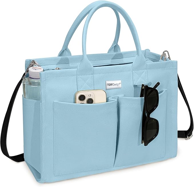 TOPDesign Heavy-Duty Canvas Tote Bag for Women, Adjustable Crossbody/Shoulder Handbag with 9 Pockets, Everything Tote