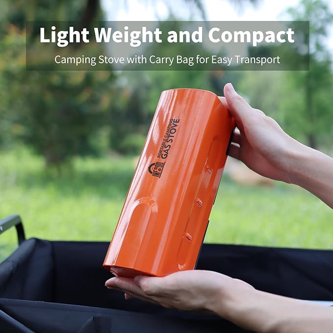 Portable Butane Gas Camping Stove - 7500 BTU Compact Folding Design with Carry Bag for Backpacking, RV Trips, Picnic & Outdoor Indoor Cooking, Orange