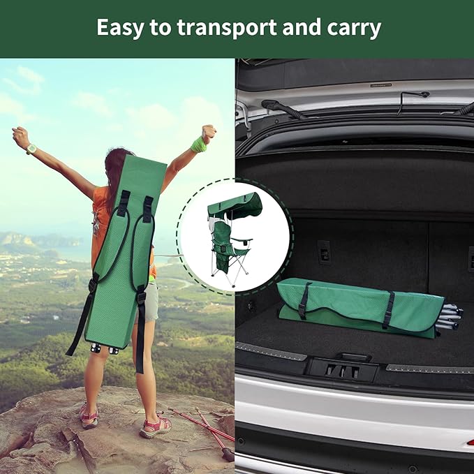 Portable Camping Chair with Canopy Shade- Folding Camping Lounge Chair with Cup Holder & Side Pocket for Outdoor Camping, Fishing, Beach - Support 330 LBS (GREEN-2PK)