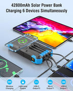 Solar Charger Power Bank, 42800mAh Wireless Portable Charger with USB-C in/Output, QC3.0 Fast Charging 15W 4 Ports Outdoor Battery Pack Built-in Dual Led Flashlights for iPhone Samsung etc
