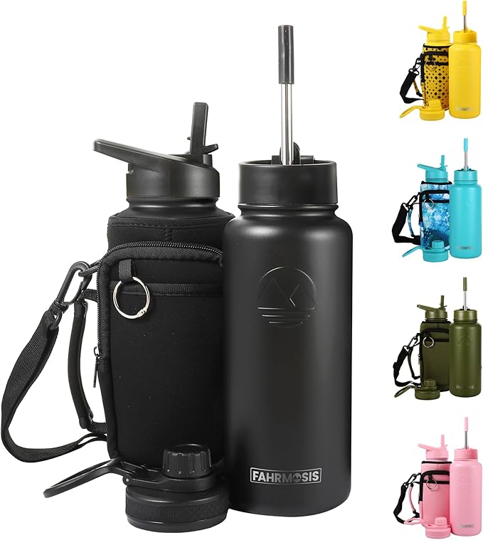 32 Oz Insulated Water Bottle with Strap Stainless Steel Sports Water Bottle with 3 Lids (Straw, Chug & Flip Lid) 1 Liter Leak Proof Insulated Metal Jug for Men & Women - Black