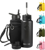 32 Oz Insulated Water Bottle with Strap Stainless Steel Sports Water Bottle with 3 Lids (Straw, Chug & Flip Lid) 1 Liter Leak Proof Insulated Metal Jug for Men & Women - Black