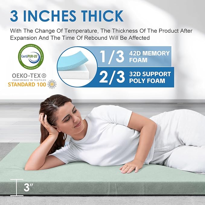 KingChii CertiPUR-US Memory Foam Camping Mattress, Portable Roll Up Travel Car Camping Mattress Sleeping Pad & Floor Mattress, Cot Mattress Guest Bed for Sleepover with Waterproof Cover & Travel Bag