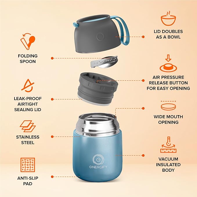 ENERGIFY Vacuum Insulated Food Jar. Large 17oz Bowl incl. Folding Spoon, Cup. Wide Mouth Keep Hot & Cold Drinks Soup Lunch Container for Adults. BPA-Free Stainless Steel, Leak Proof Shiny Blue
