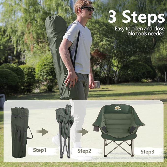 Colegence Oversized XL Padded Camping Chair Wide Heavy Duty Lawn Chairs Support 450 LBS Portable Folding Gaint Plus Camp Chair with Side Pocket Cup Holder for Outdoor Outside Sports Baseball-Green