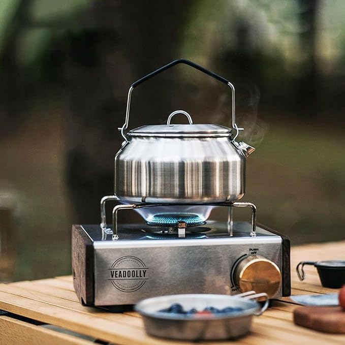 Camping Kettle Outdoor Campfire Camp Kettle, 1L Stainless Steel camping tea kettle Coffee Pot, Portable Lightweight Teapot Fast Heating Boiling Water, Ideal for Hiking Picnic Travel, Silver